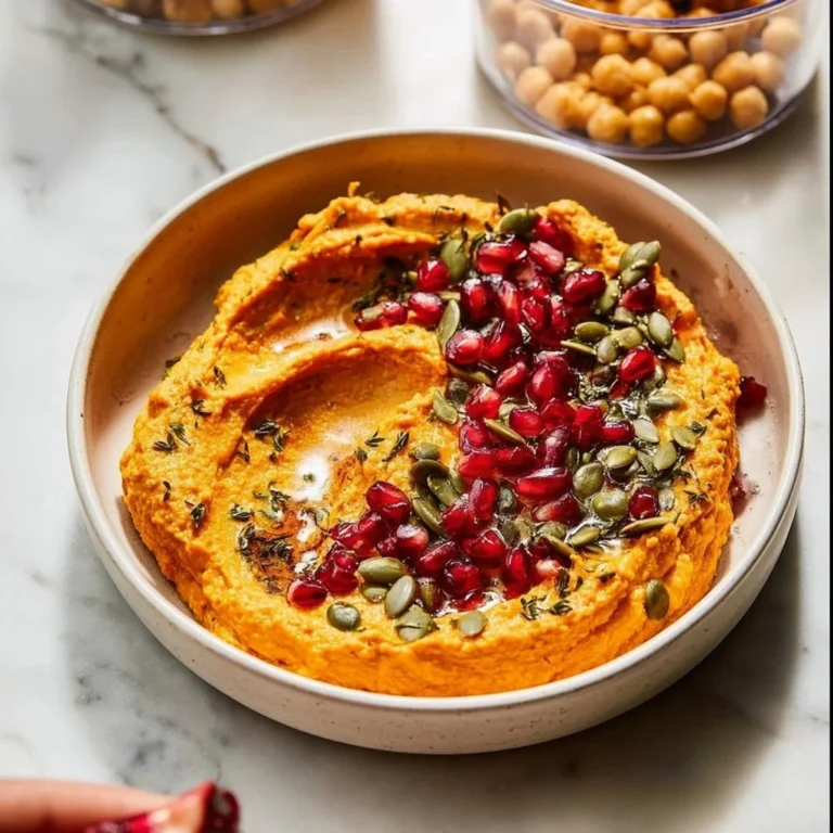 Delicious creamy pumpkin hummus served in a bowl with spices and crackers