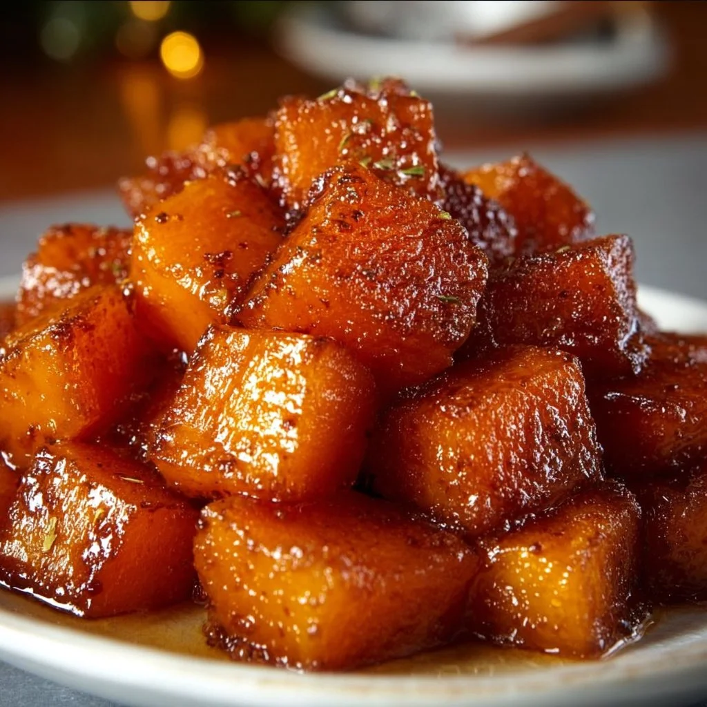 Bowl of brown sugar roasted butternut squash on a wooden table