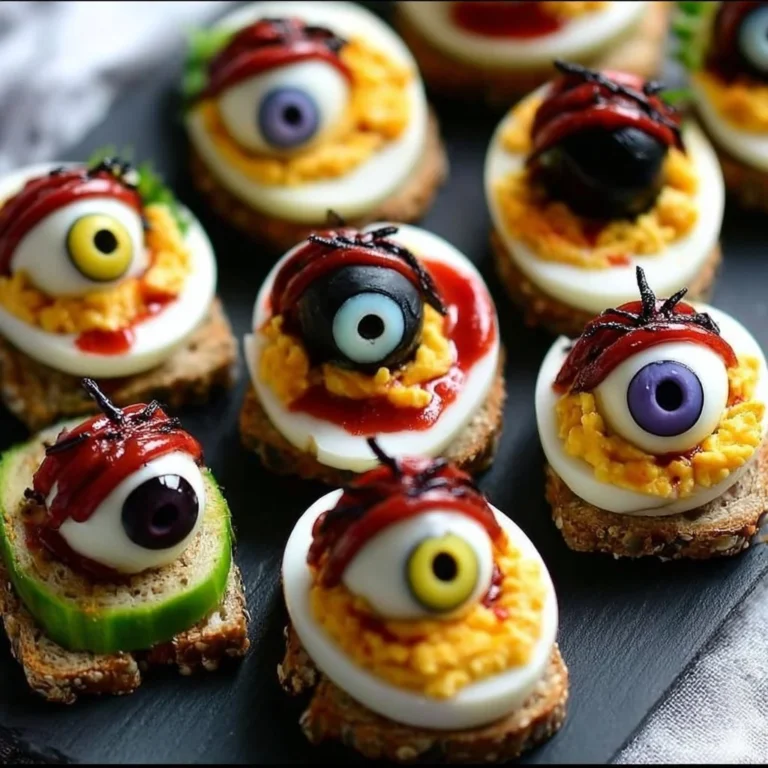 Platter of spooky Halloween appetizers, including creepy snacks and treats.
