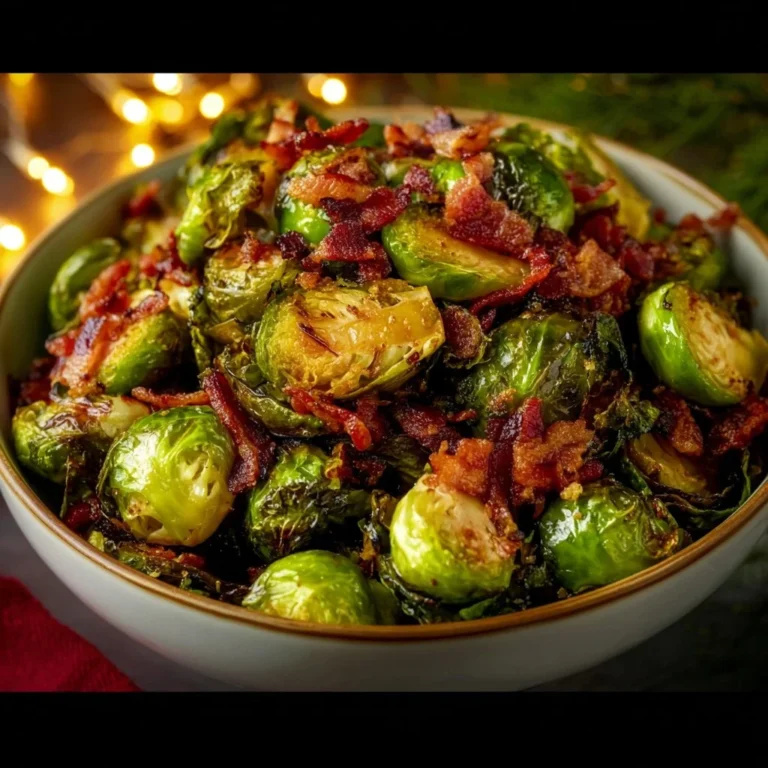 Delicious Bacon Brussels Sprouts dish garnished with crispy bacon bits