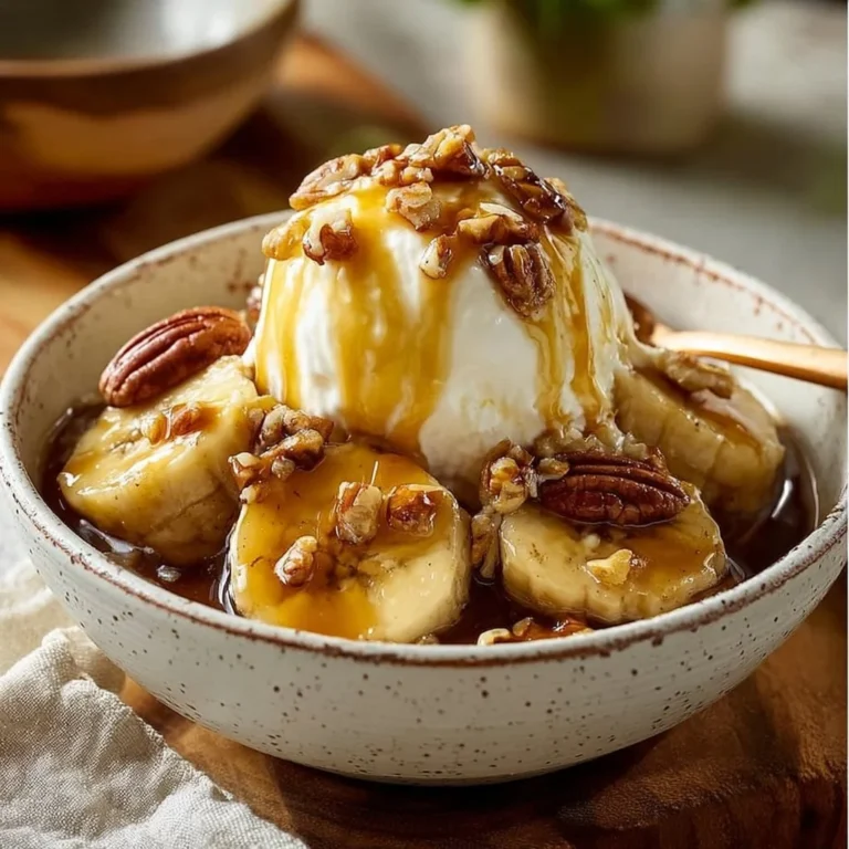 Delicious Bananas Foster topped with pecans and drizzled with caramel sauce