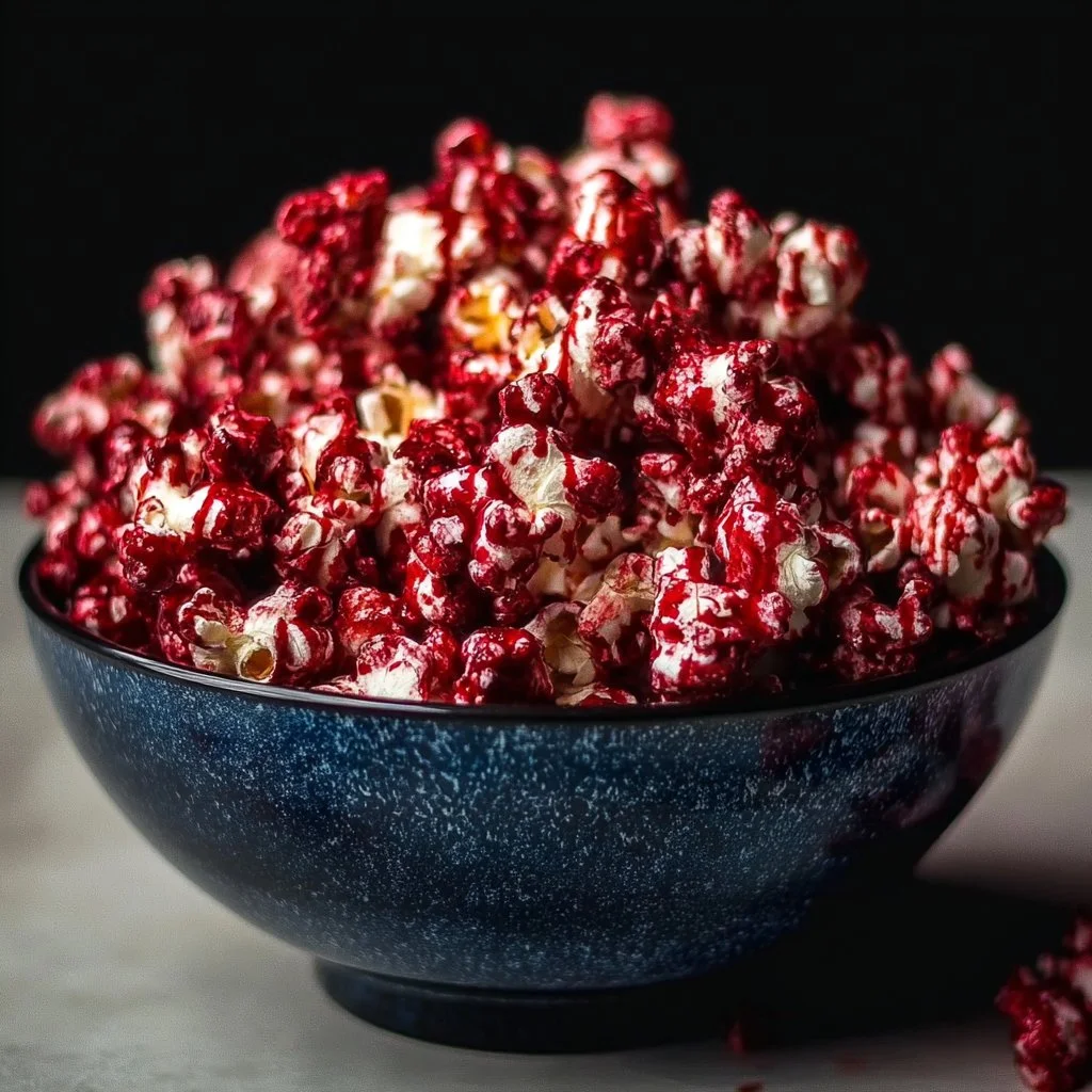 A bowl of Bloody Red Velvet Popcorn featuring a rich red color and festive presentation.