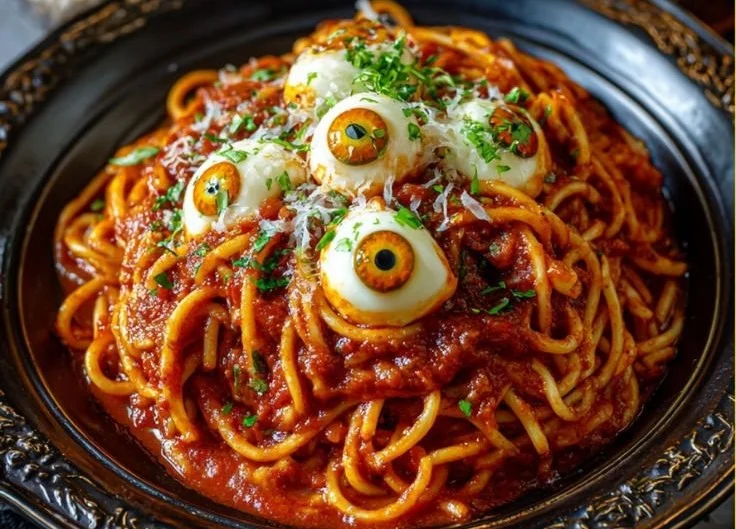 Bloody Spaghetti dish topped with mozzarella eyeballs for a Halloween feast.