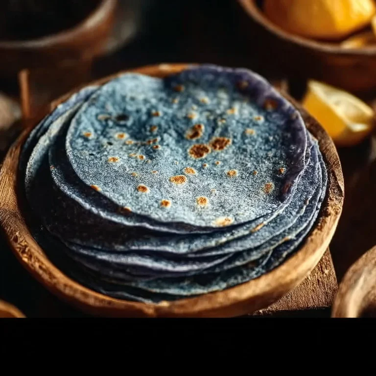 Fresh blue corn tortillas stacked on a wooden table