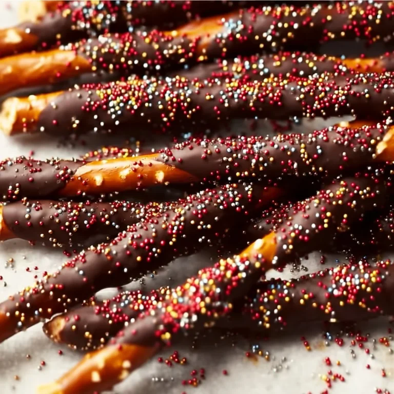 Chocolate covered pretzel rods decorated with colorful fall sprinkles.