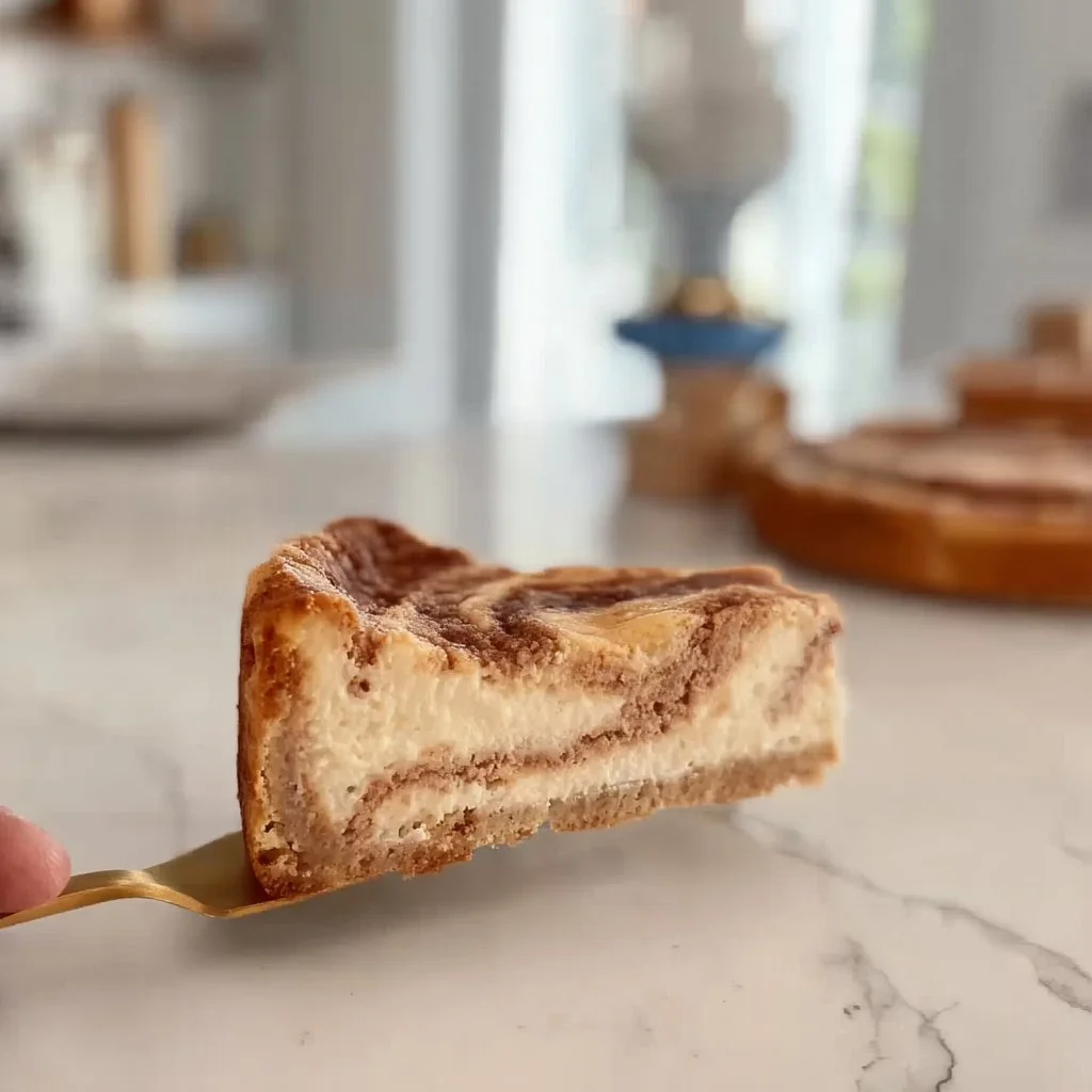 Delicious cinnamon roll cheesecake topped with cinnamon swirl