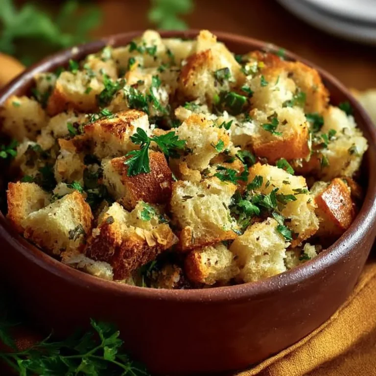 Bowl of classic savory stuffing with herbs and spices ready for the holiday meal.