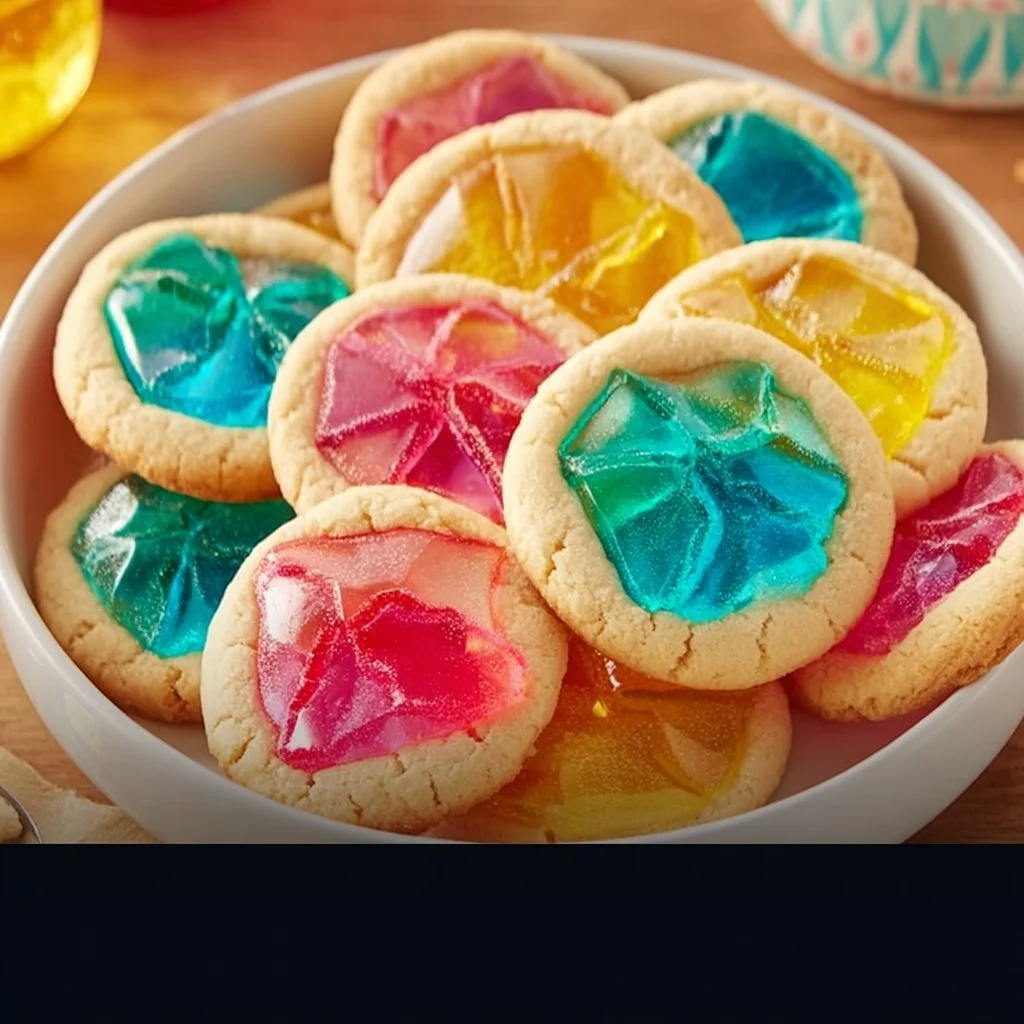 Colorful Jello cookies decorated with vibrant sprinkles and fruity flavors.