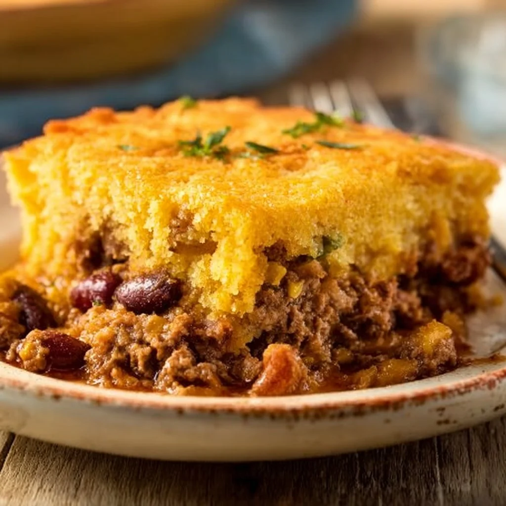 Delicious Cowboy Cornbread Casserole served on a rustic table