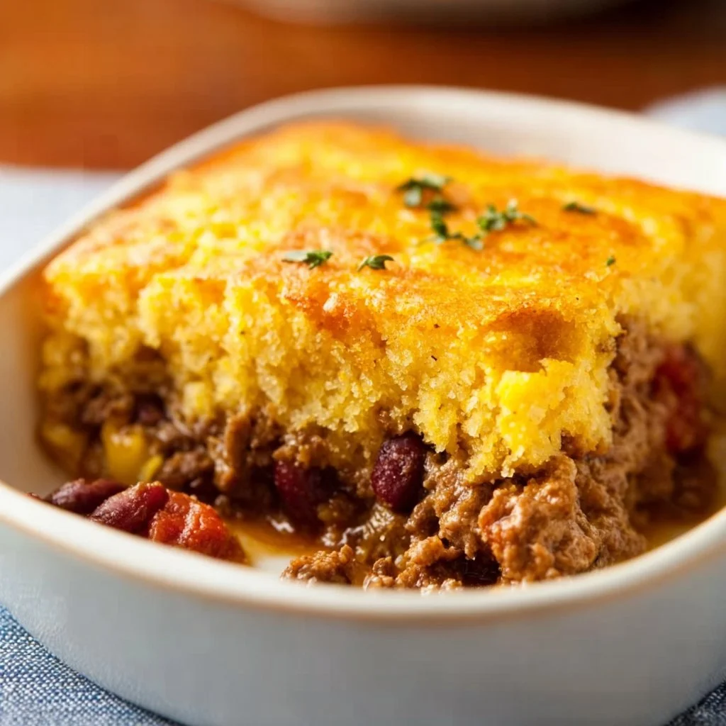 Delicious Cowboy Cornbread Casserole served in a rustic dish