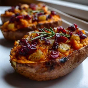 Cranberry Apple Twice-Baked Sweet Potatoes garnished with fresh herbs