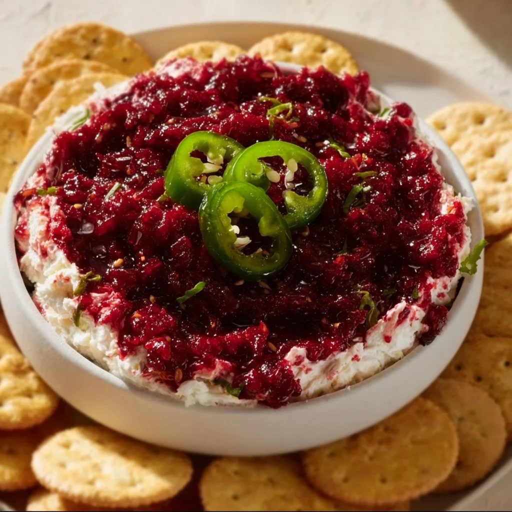 Cranberry Jalapeño Cream Cheese Dip served in a bowl with crackers