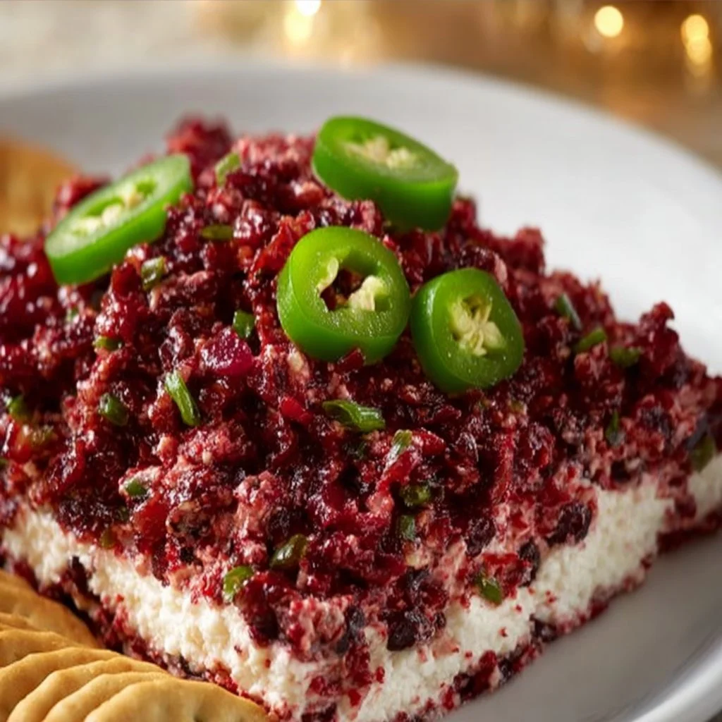 Cranberry Jalapeño Cream Cheese Dip served in a bowl with crackers
