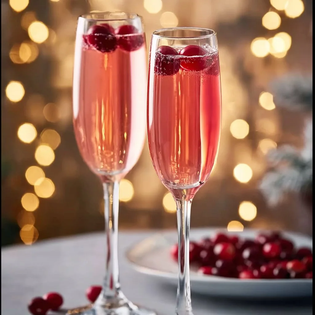 Festive Cranberry Mimosa cocktail with sparkling wine for holiday celebrations.