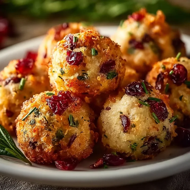 Cranberry and turkey stuffing balls served on a festive plate