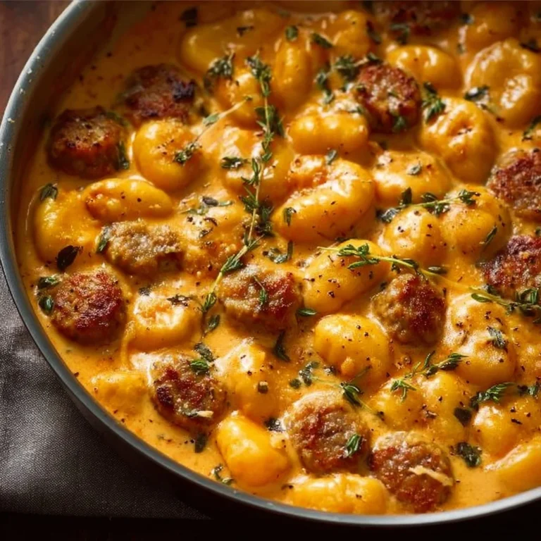 Creamy butternut squash gnocchi served with sausage in a bowl