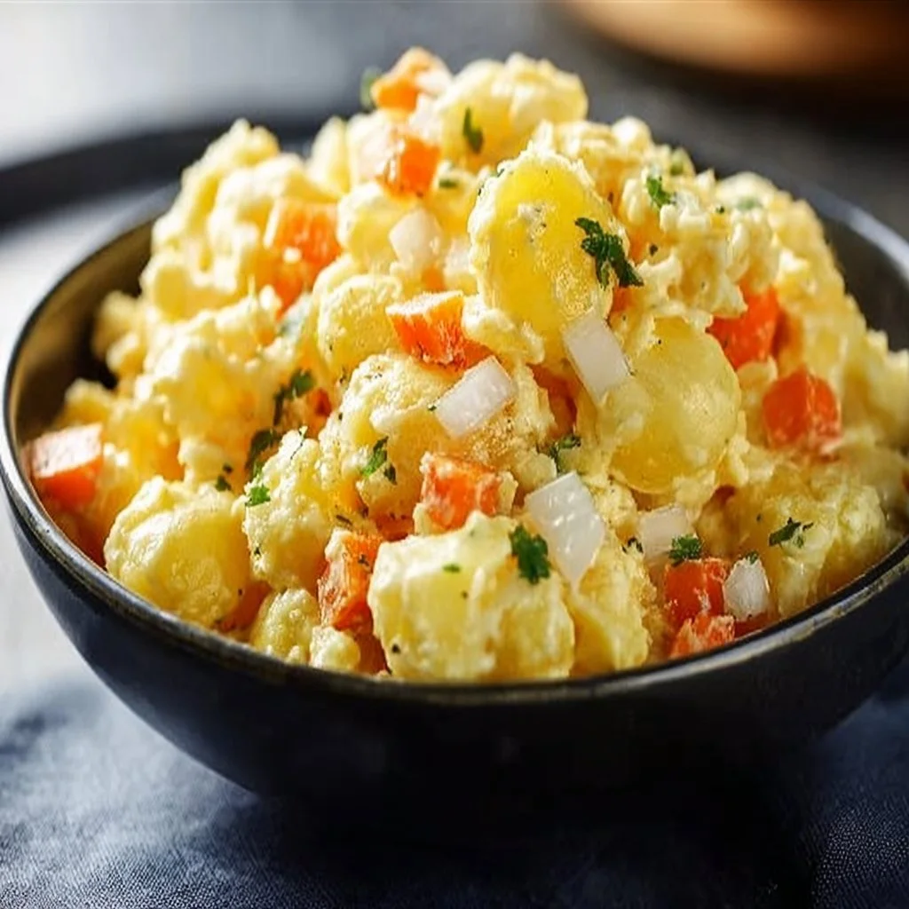 Creamy Hawaiian potato mac salad served in a bowl, garnished with herbs.