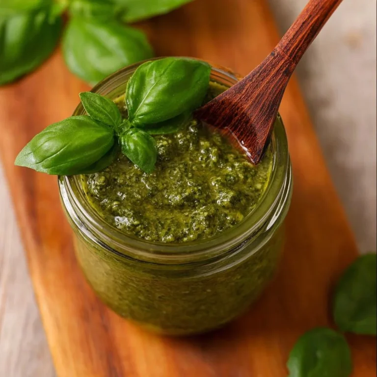 Creamy pesto pasta topped with fresh basil and parmesan cheese