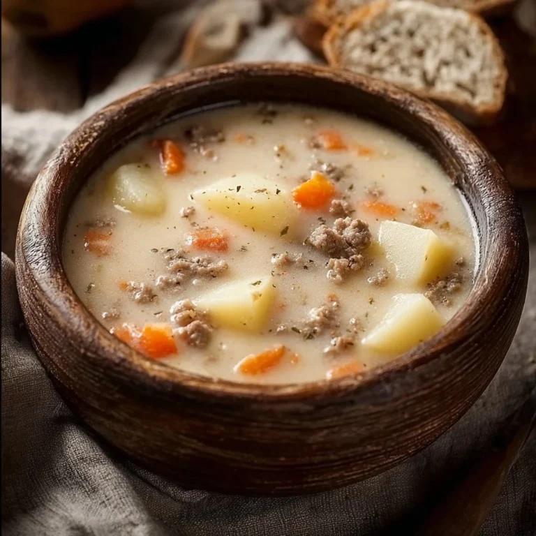 Delicious creamy potato hamburger soup in a bowl garnished with herbs