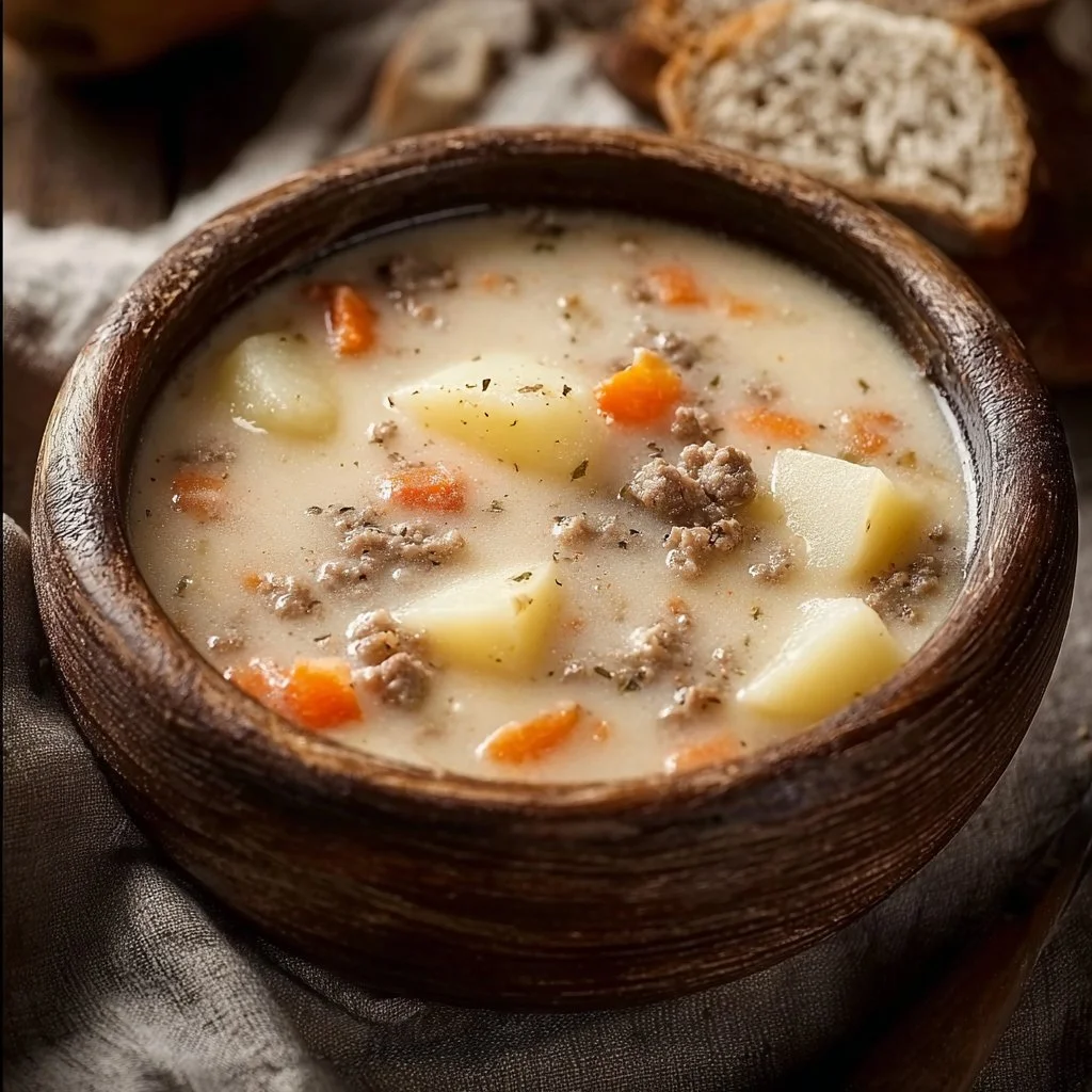 Delicious creamy potato hamburger soup in a bowl garnished with herbs