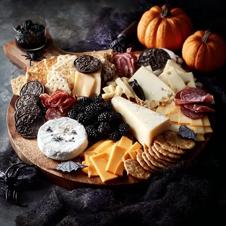 Creative Halloween cheese board with spooky decorations and themed cheeses.