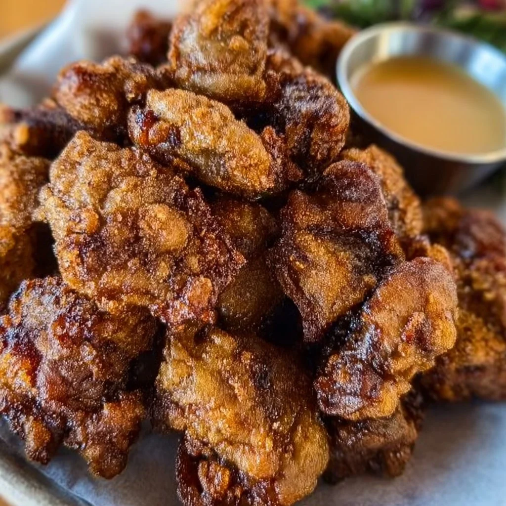 Crispy fried chicken livers served with dipping sauce on a plate