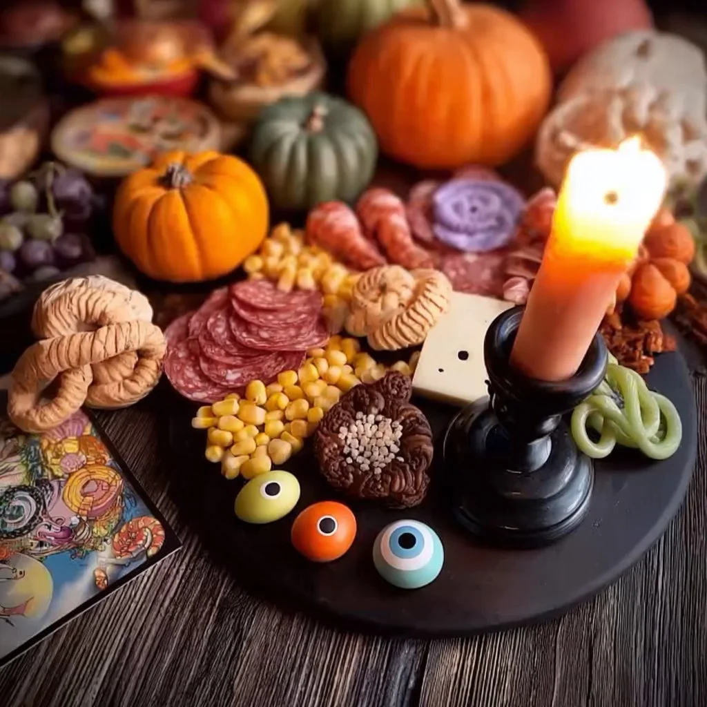 Cute Halloween grazing board with spooky treats and decorations