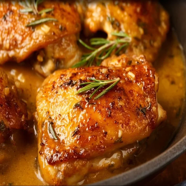 Delicious Dijon Maple Chicken Thighs served on a plate with herbs