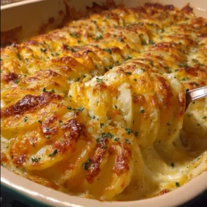 Delicious easy cheesy scalloped potatoes topped with melted cheese and herbs
