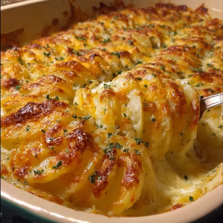 Delicious easy cheesy scalloped potatoes topped with melted cheese and herbs