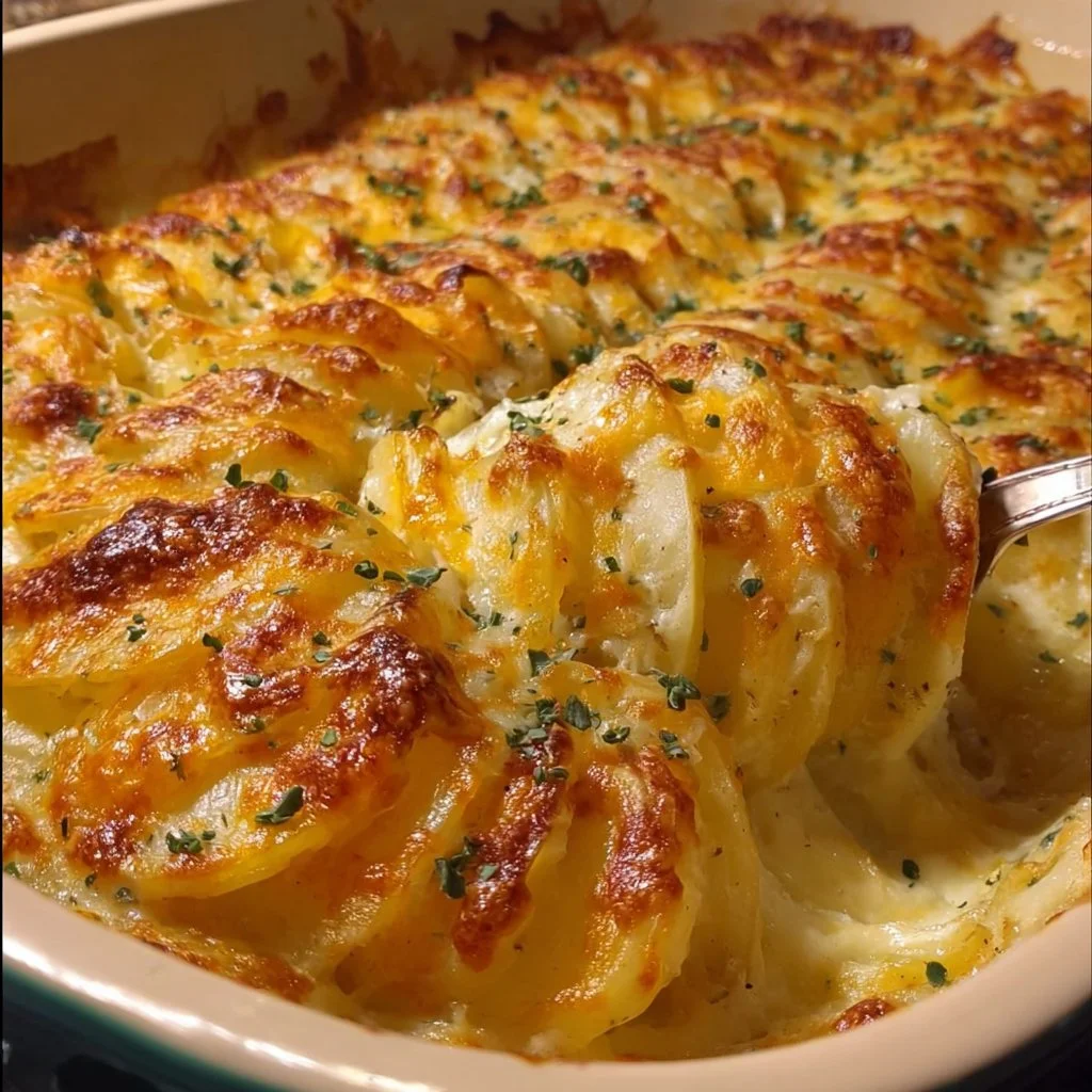 Delicious easy cheesy scalloped potatoes topped with melted cheese and herbs