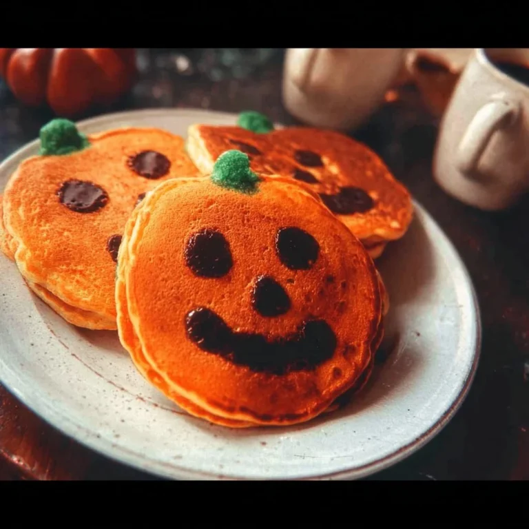 Stack of easy Jack-O-Lantern pancakes with festive decorations