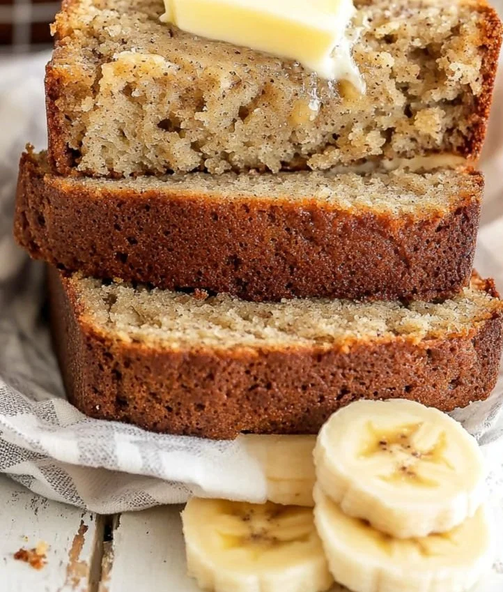 Slice of easy moist banana bread on a wooden table