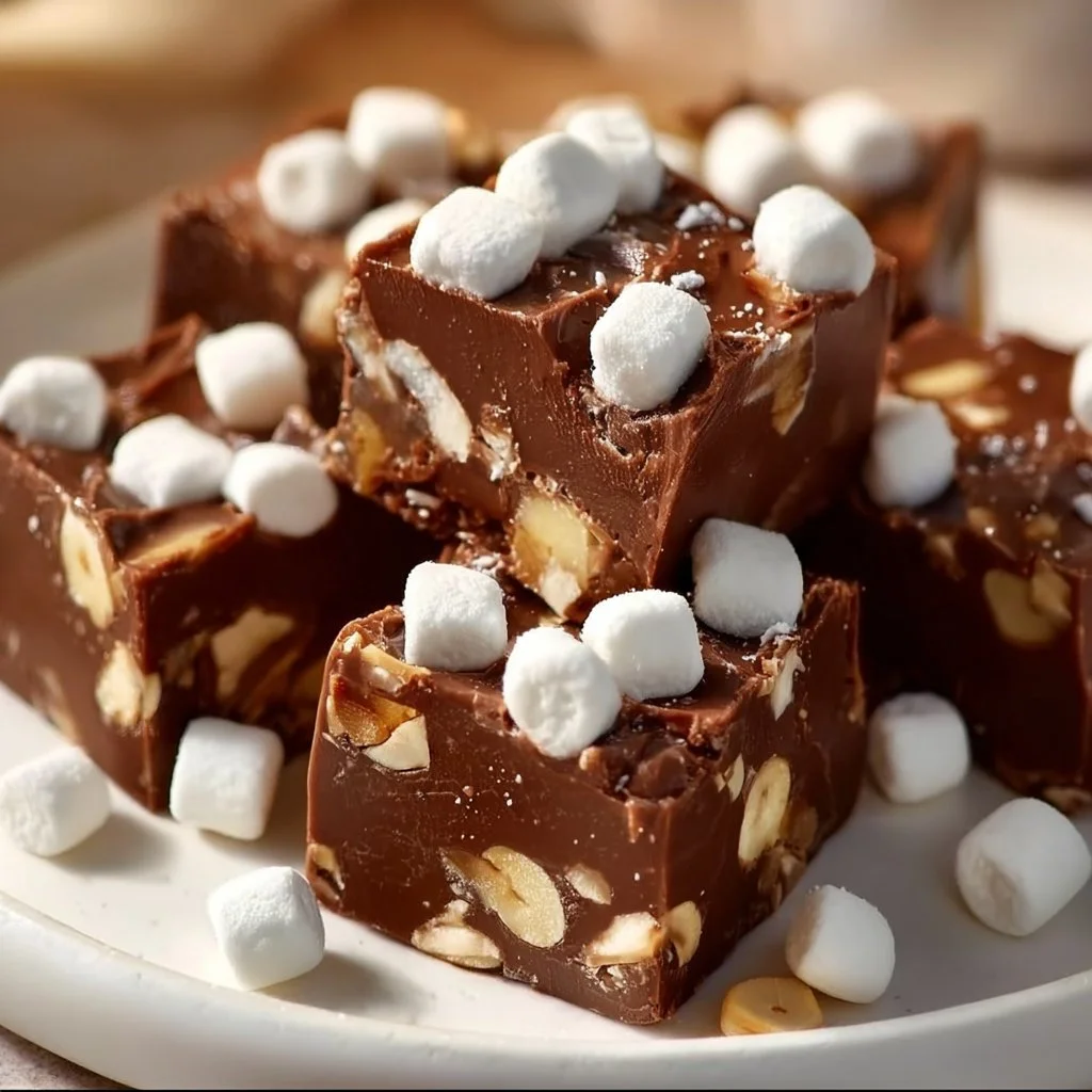 Delicious plate of easy Rocky Road Fudge with marshmallows and nuts.