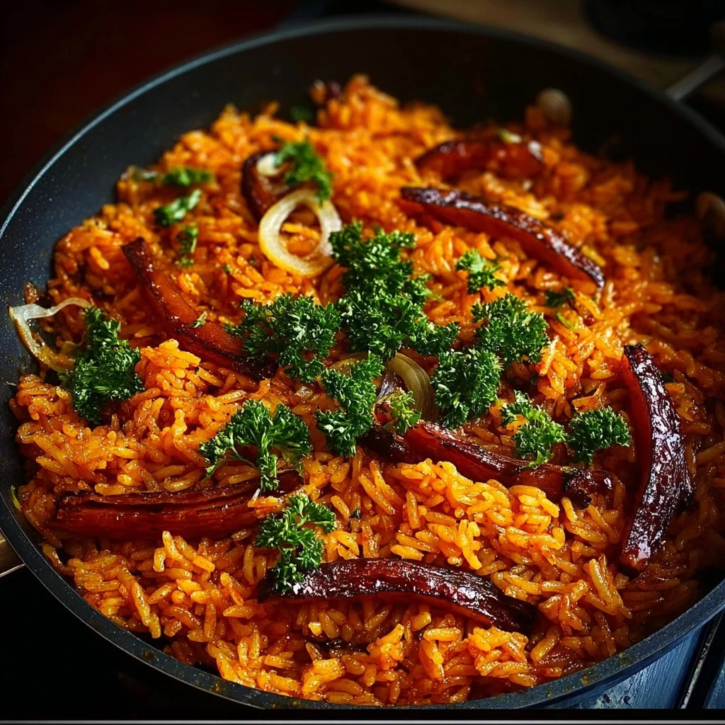 Delicious Fiery Native Jollof Rice with palm oil, garnished and ready to serve.