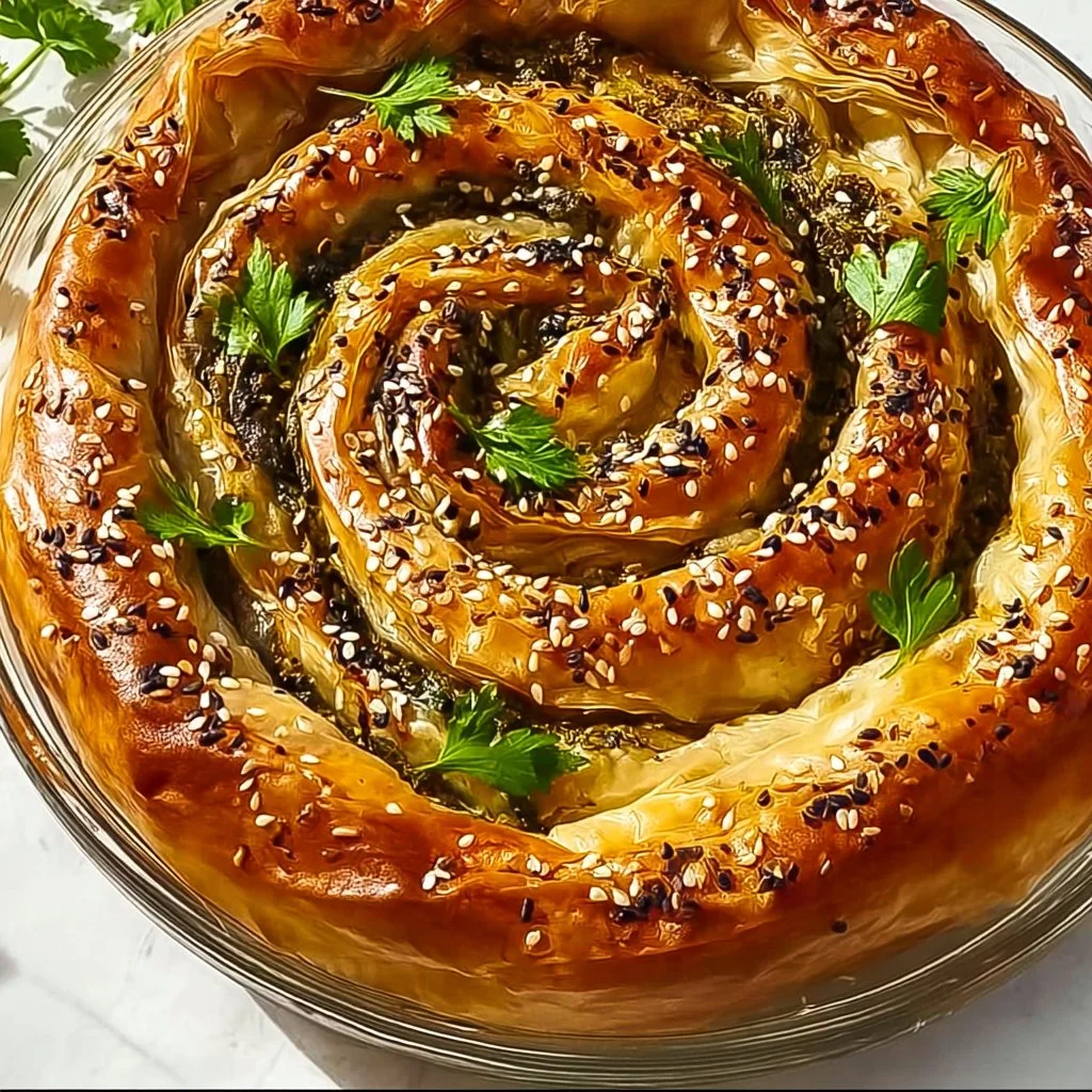 Flaky Spanakopita spiral with spinach and feta filling on a platter.