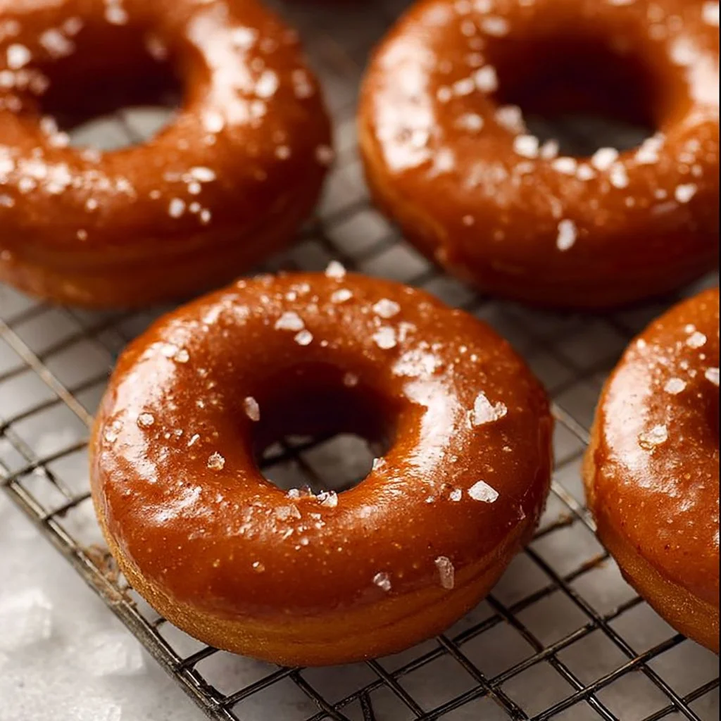 Fluffy vegan pumpkin donuts with salted caramel glaze on a decorative plate