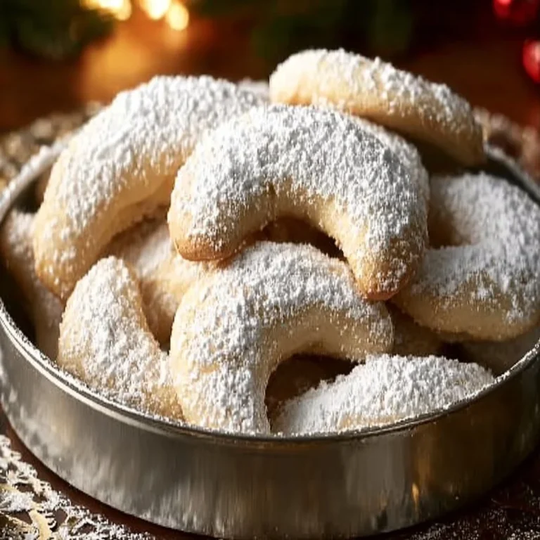 Delicious Vanillekipferl German vanilla crescent cookies on a festive plate.