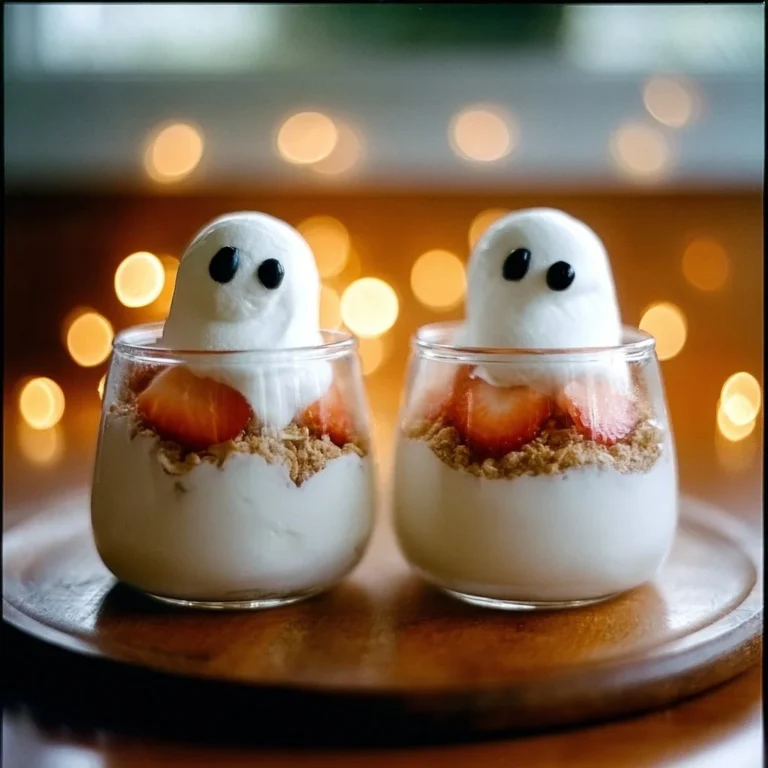 Ghostly Yogurt Parfaits with spooky decorations and layers of yogurt and fruit