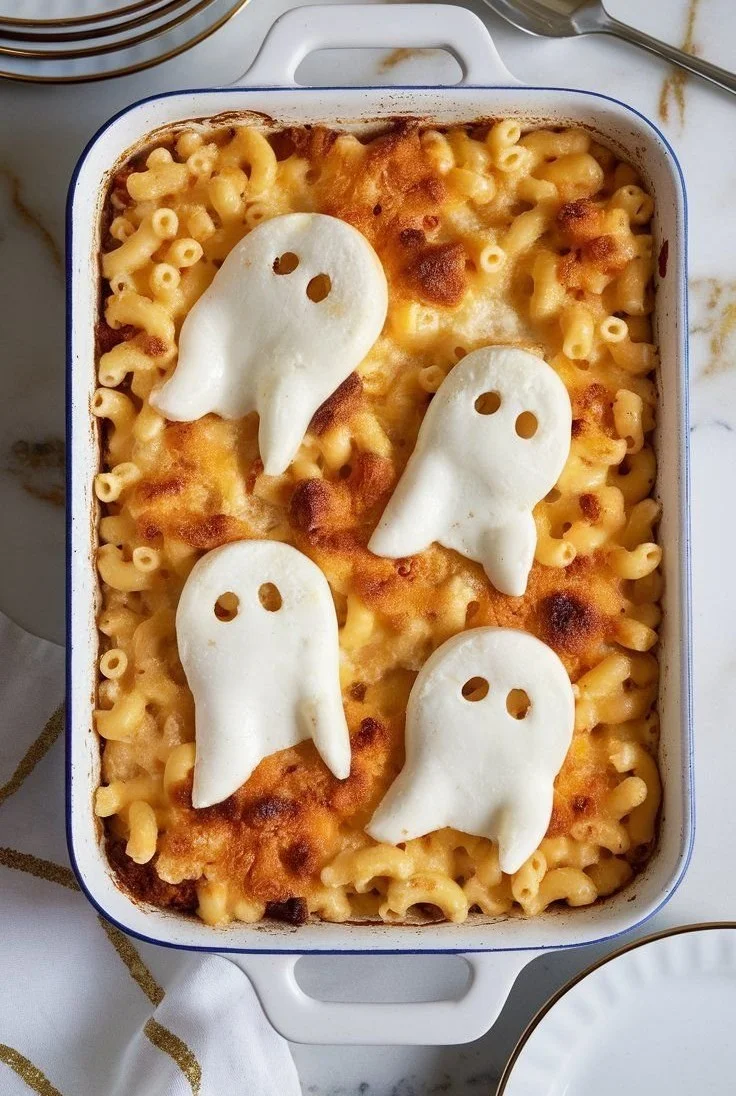 A bowl of Ghoul-Gheroni and Cheese featuring spooky garnishes and cheesy goodness
