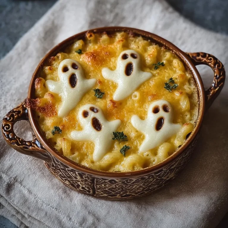 Creamy baked mac and cheese with spooky Halloween decorations