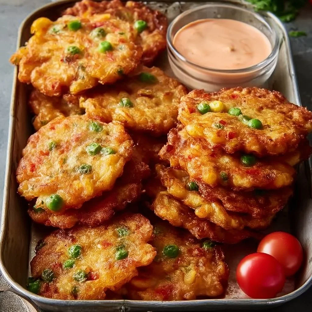 Golden tomato fritters served on a plate, garnished with herbs