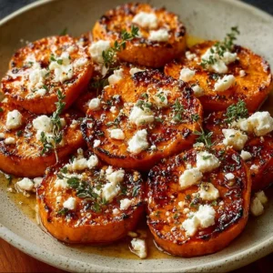 Gourmet honey feta sweet potato rounds with drizzled honey and herbs