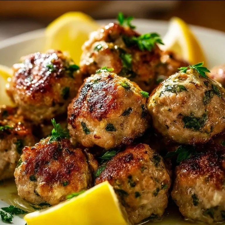 Plate of Greek turkey meatballs garnished with fresh herbs and served with dipping sauce.