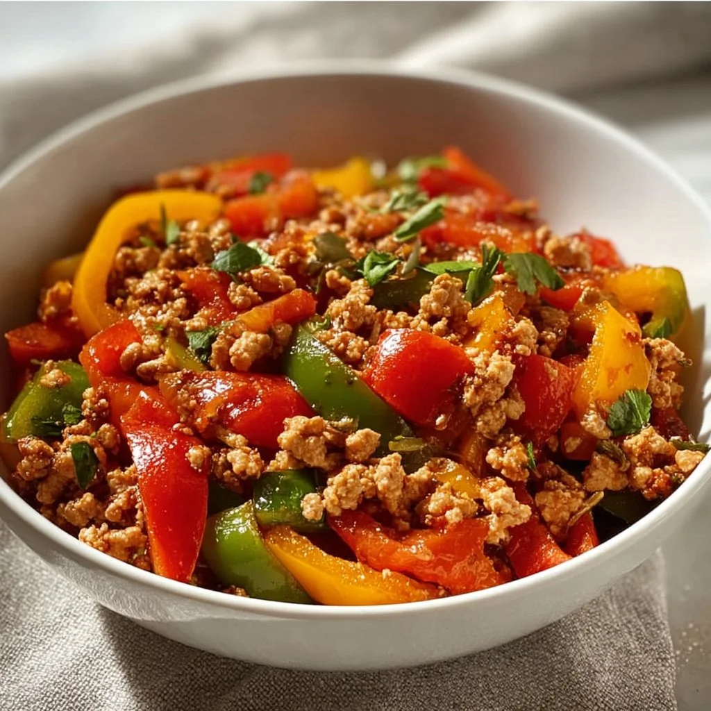 Ground turkey and bell pepper stir-fry served in a colorful bowl