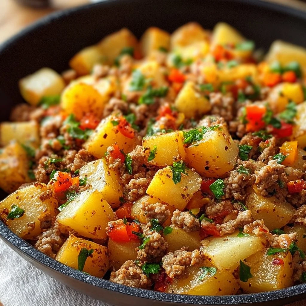 Ground Turkey and Potato Skillet served in a skillet with fresh herbs