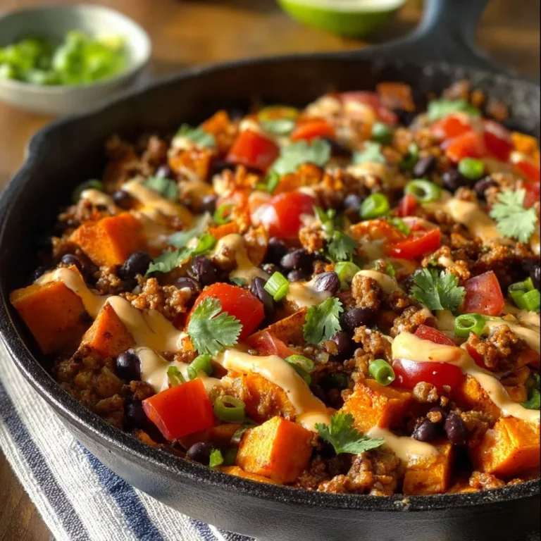 Ground turkey and sweet potato skillet dish served in a pan.