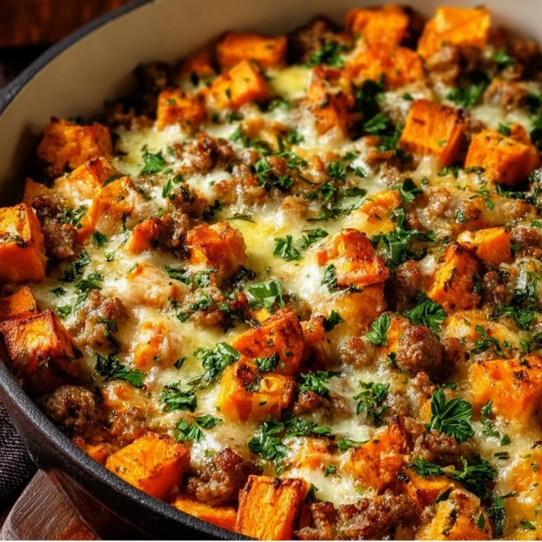 Ground Turkey Sweet Potato Bake garnished with herbs and served in a baking dish.
