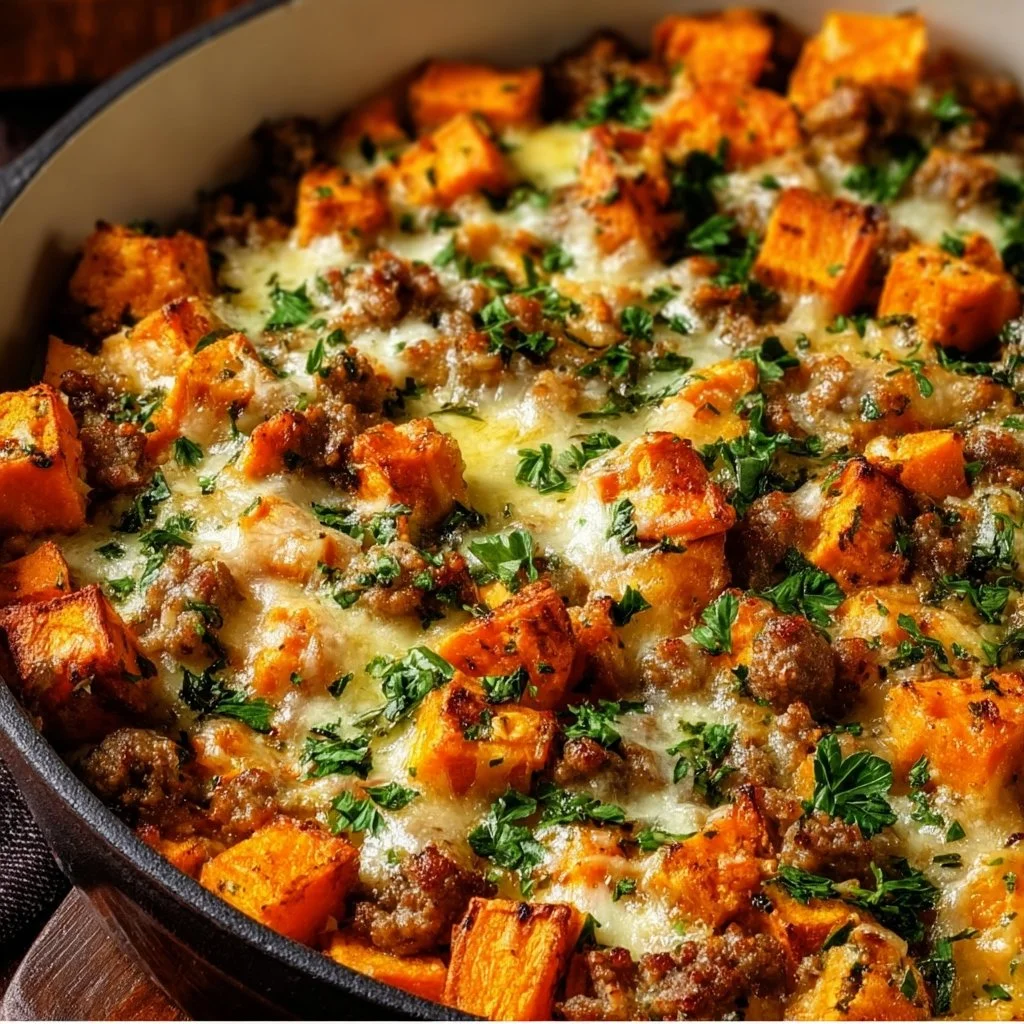 Ground Turkey Sweet Potato Bake garnished with herbs and served in a baking dish.