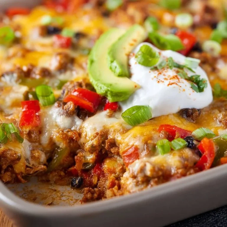Delicious ground turkey taco casserole served in a baking dish.